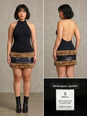 Innovare Denim Women's S Black Halter Open Back Bodycon Mini Dress Faux Fur